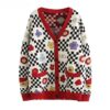 Cartoon Floral Embroidery Plaid Cardigan Sweater 1