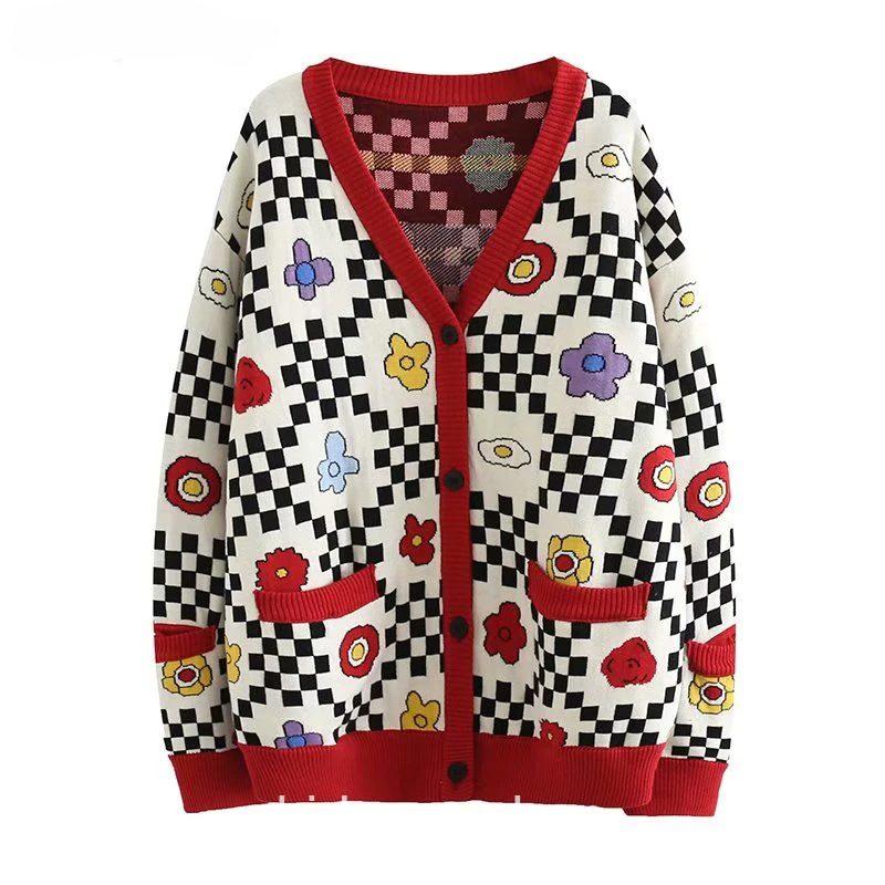 Cartoon Floral Embroidery Plaid Cardigan Sweater