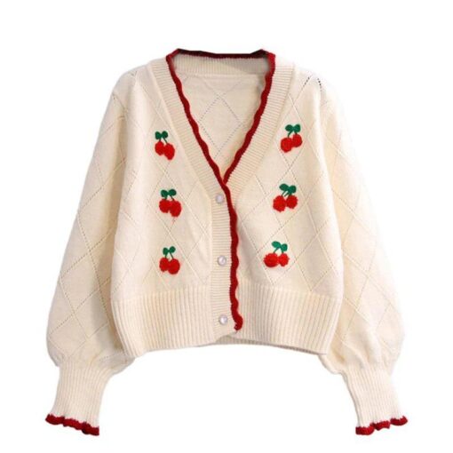 Cherry Embroidery Short Cropped Knitted Sweater