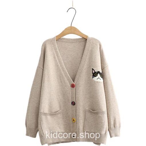 Cartoon Cat Pocket Embroidery Knitted Sweater Cardigan