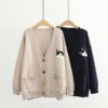 Cartoon Cat Pocket Embroidery Knitted Sweater Cardigan