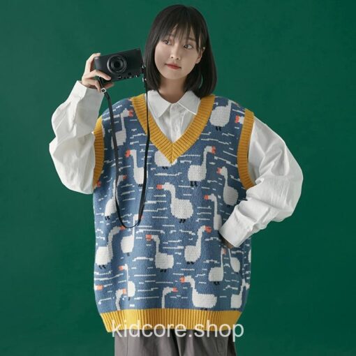 Cartoon Duck Embroidery Knitted Vest Sweater