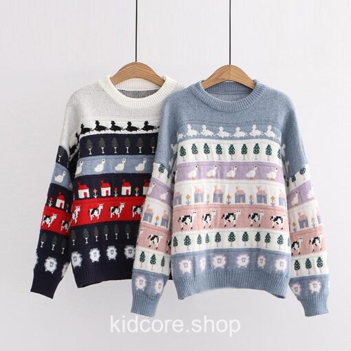 Cute Cartoon Cow Duck Embroidery Knitted Sweater