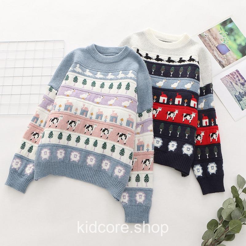 Cute Cartoon Cow Duck Embroidery Knitted Sweater |