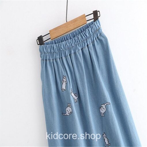 Jumping Cats Embroidery Denim Skirt