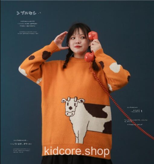 Kidcore Cow Cute Loose Knitted Sweater