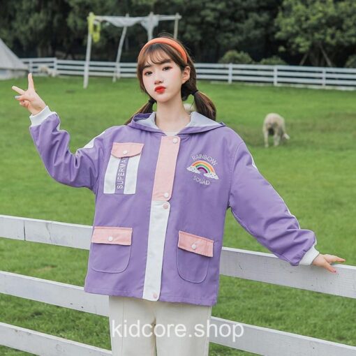 Kidcore Rainbow Zipper Patchwork Jacket