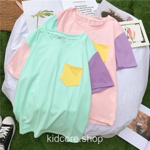 Kidcore Ulzzang Candy Color Pocket T-Shirt