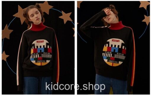 Kidcore Vintage TV Geometric Turtleneck Sweater
