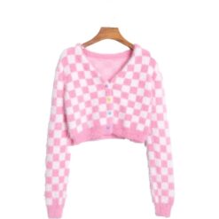 Pink Plaid Knitted Cardigan Cropped Sweater