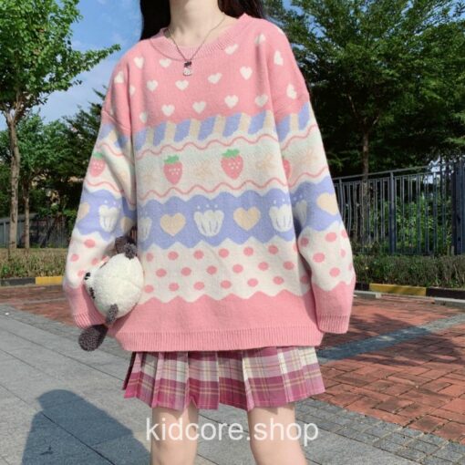 Pink Strawberry Embroidery Sweet Knitted Sweater