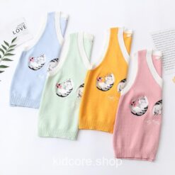 Playing Cat Embroidery Kawaii Knitted Sweater Vest