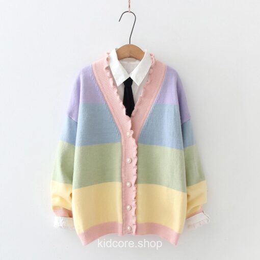 Rainbow Patchwork V Neck Cardigan Knitted Sweater