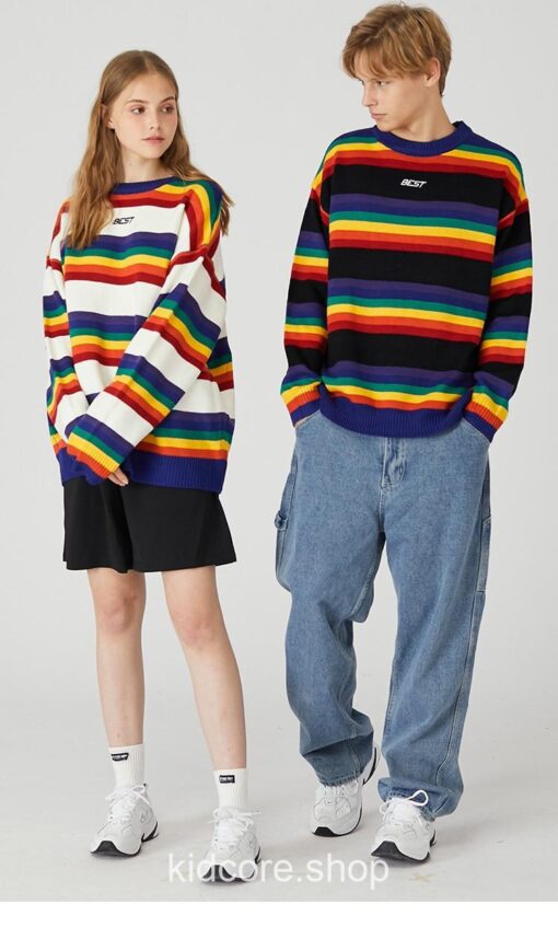 Retro Rainbow Knitted Striped Sweater