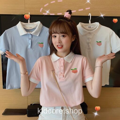 Soft Peach Embroidery Turndown Collar T-Shirt