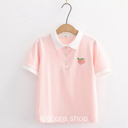 Soft Peach Embroidery Turndown Collar T-Shirt