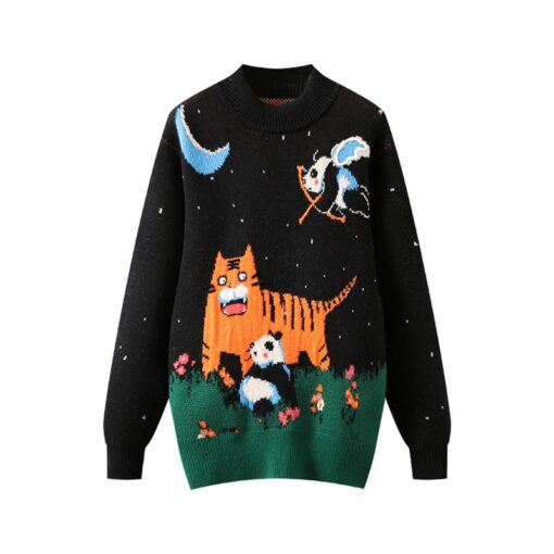 Tiger Panda Cartoon Embroidery Knitted Sweater
