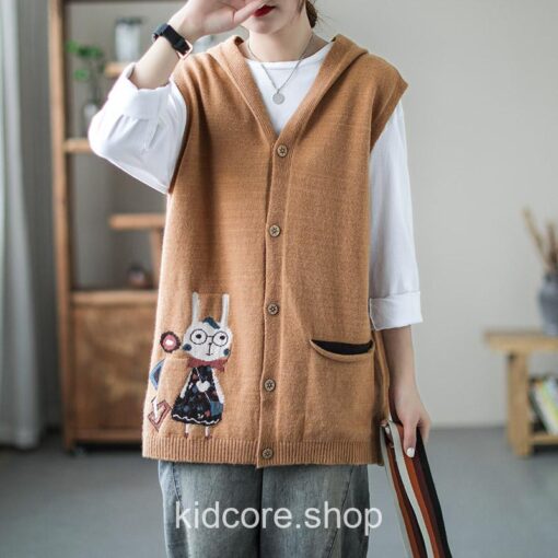 Rabbit Embroidery Kawaii Hooded Sleeveless Sweater 2