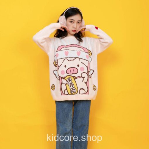 Aesthetic Kidcore Cartoon Flying Pig Embroidery Knitted Sweater 2
