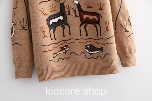 Harajuku Cartoon Animal Embroidery Vintage O Neck Sweater 15