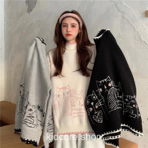 Turtleneck Cartoon Cat Embroidery Knitted Pullover Sweater 6