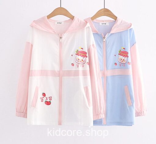 Kidcore Strawberry Print Thin Zipper Hooded Jacket
