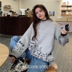 Turtleneck Cartoon Cat Embroidery Knitted Pullover Sweater 7