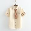 Cartoon Bear Embroidery Casual Blouse Shirt With Tie 5