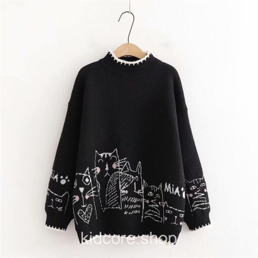 Turtleneck Cartoon Cat Embroidery Knitted Pullover Sweater 13