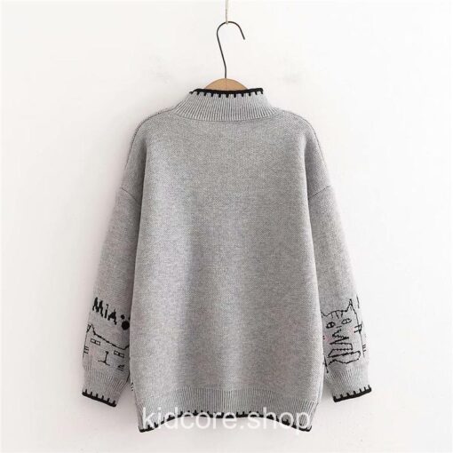 Turtleneck Cartoon Cat Embroidery Knitted Pullover Sweater 12