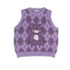 Purple Cartoon Bear Embroidery Argyle Women Sweater Vest 1