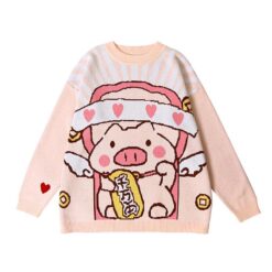 Aesthetic Kidcore Cartoon Flying Pig Embroidery Knitted Sweater 1