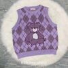 Purple Cartoon Bear Embroidery Argyle Women Sweater Vest 5
