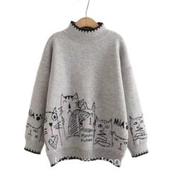 Turtleneck Cartoon Cat Embroidery Knitted Pullover Sweater 1