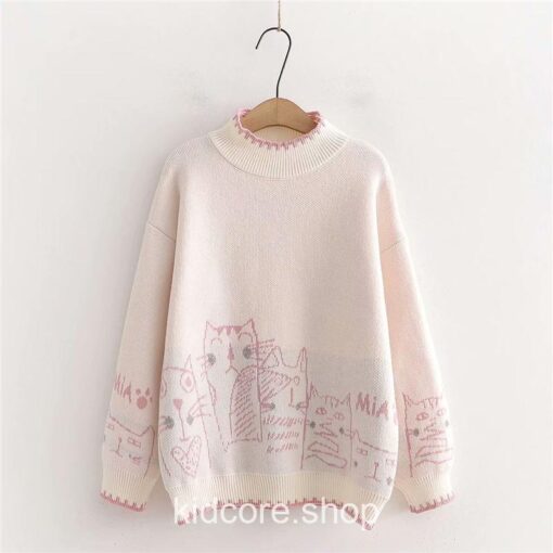Turtleneck Cartoon Cat Embroidery Knitted Pullover Sweater 15