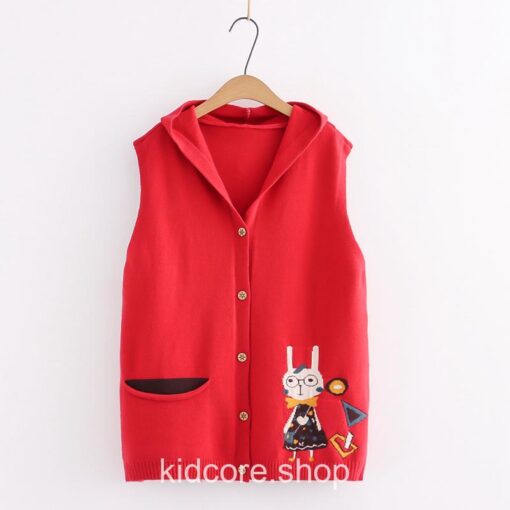 Rabbit Embroidery Kawaii Hooded Sleeveless Sweater 15