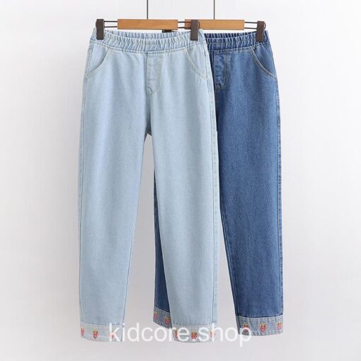 Strawberry Embroidery Kidcore Sweet Washed Casual Jean 7