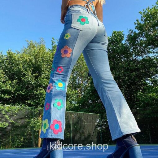Indie Kidcore Vintage Flower Patchwork Jeans 11