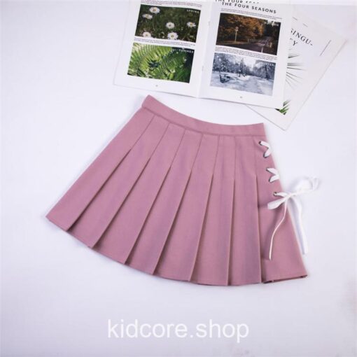 Lace Up High Waisted Solid Pleated Mini Skirt 17