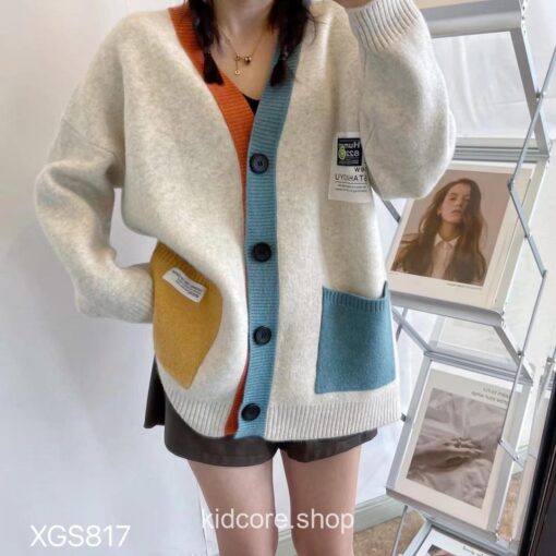 Color-Block V Neck Kidcore Cardigan Sweater 9