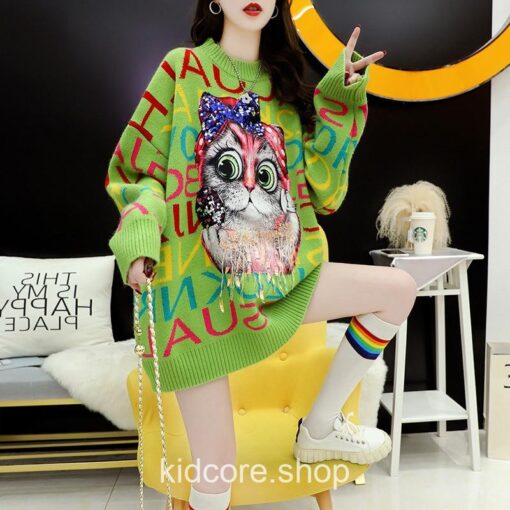 Kidcore Knitted Pull Cute Cat Sweater 5