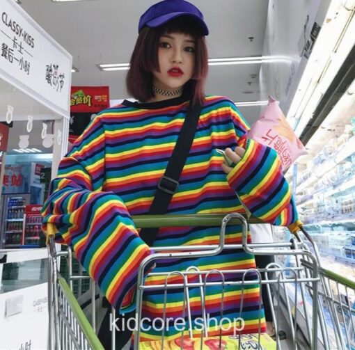 Punk Style Striped Rainbow Loose Harajuku Long Sleeve T-Shirt