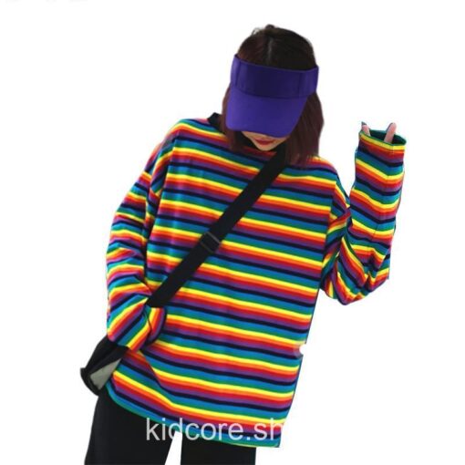 Punk Style Striped Rainbow Loose Harajuku Long Sleeve T-Shirt 4