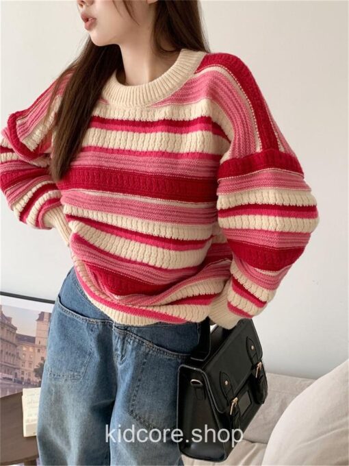Retro Casual Stripe Knitted Kidcore Sweater 1