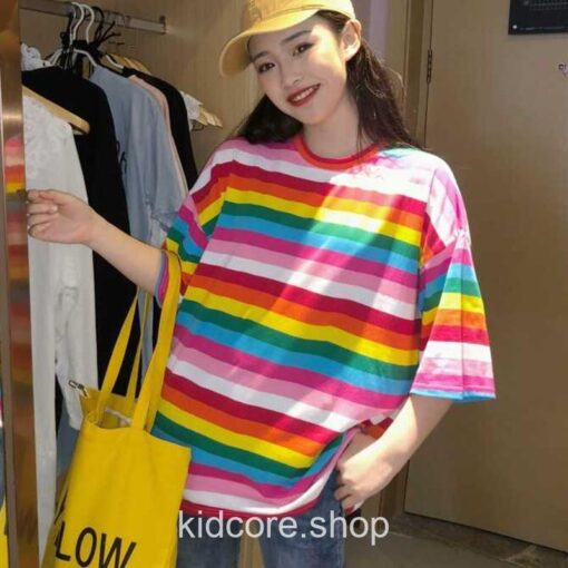 Rainbow Striped Harajuku Kidcore Tshirt 4